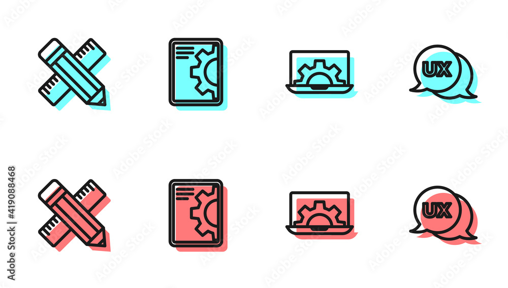 Poster set line web development, crossed ruler and pencil, and ui or ux design icon. vector.