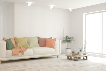 White living room with sofa. Scandinavian interior design. 3D illustration