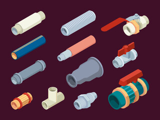 Pipe counters. Valves temperature and water measuring scale plumbing equipment steel counters garish vector isometric illustrations. Pipe and valve, water piping and gas supply tube