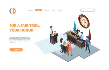 Law justice landing. Judging processes legal punishment legislation court attorney garish vector web page template with isometric concept pictures. Illustration justice law, legal landing page