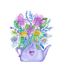 Watercolor bouquet flower decoration teapot. Violet nature green spring floral plant. Beautiful tea natural blossom flora summer vintage garden decor. Blue design purple petal bloom retro pot kettle.
