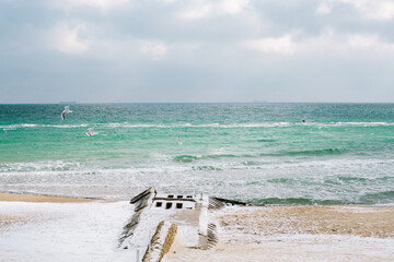 black sea in winter. seagulls fly in the sky