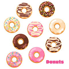 Delicious fresh sweet donut from a pastry bakery. Dessert coated with colored glaze. High-calorie pink strawberry, chocolate brown, white vanilla sweet snack. Isolated clipart set on white background.
