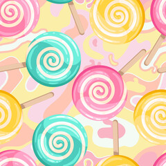 Bright colored lollipop. Sweet dessert for kids. Candy on a stick. Pink, blue, yellow spiral ball. Seamless background with pattern.