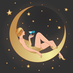 Pretty woman sitting on vintage paper crescent moon. Flapper girl. Retro party invitation design. Vector illustration. Beaty in art deco style. Retro fashion, glamour lady of twenties.