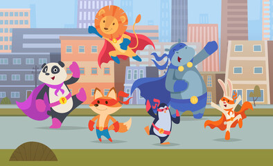 City superhero animals. Urban landscape with skylines buildings strong defenders animals exact vector superheroes cats dogs puppy in masks. Illustration superhero animal, super hero costume
