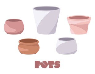 Empty clay pots for home plants. Lovely cozy ceramic minimalistic vases to decorate interior of the room. Isolated clipart set on white background.