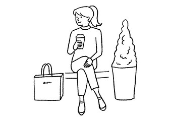 ベンチでコーヒーを飲む女性02
