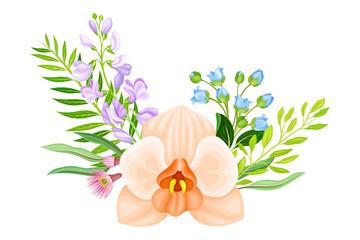 Tender Orchid Bloom Arranged with Flowering Stems and Twigs Vector Illustration