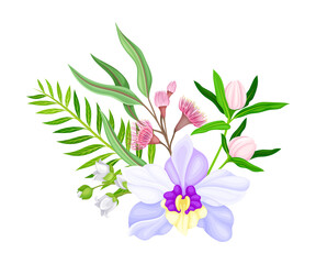 Obraz na płótnie Canvas Tender Orchid Flower Arranged with Flowering Stems and Twigs Vector Illustration