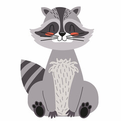 Cute cartoon raccoon. For nursery design, poster, birthday greeting cards. North American mammal animal. Flat vector illustration isolated on white background.