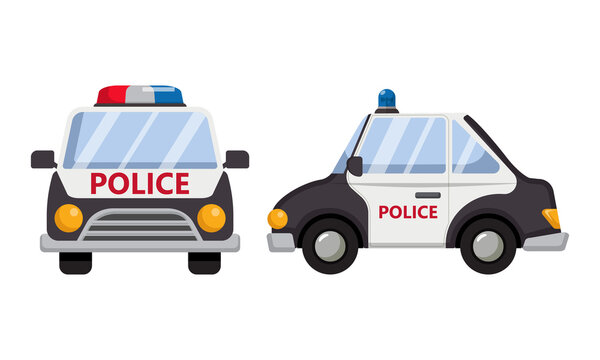 Police car front and side view. Flat cartoon style transportation isolated on white