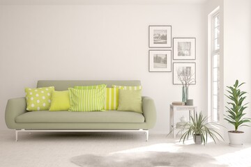 White living room with sofa. Scandinavian interior design. 3D illustration