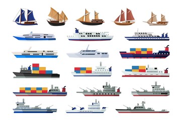 Set of maritime ship collections shipping boats, sail boat, ocean ships, yacht sailing boats, cargo ships water transport vector illustration © Freshcare