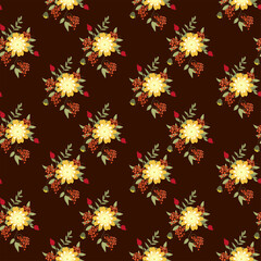 Seamless pattern with different colors. Autumn colors, rose hips, mountain ash and chrysanthemum. Print, background, design element.
