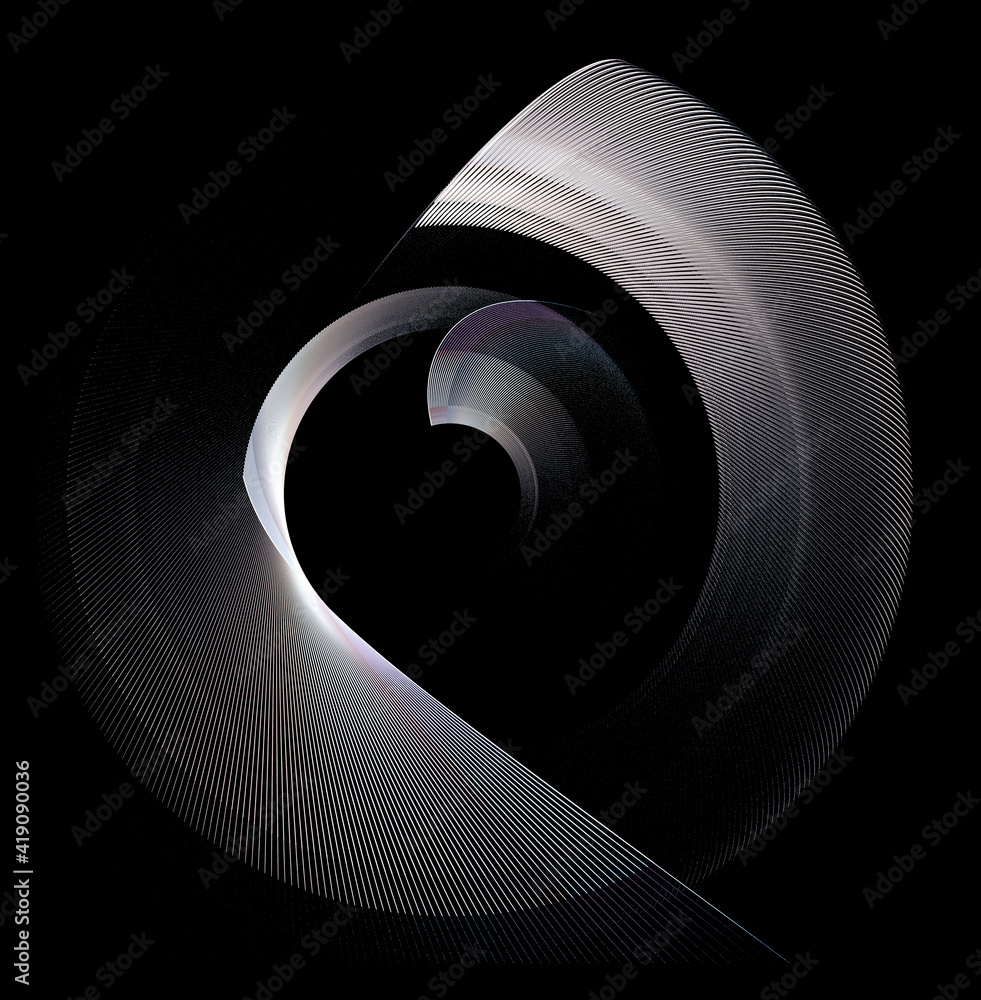 Poster abstract technical metal elements are arranged in layers in a spiral on a black background. abstract