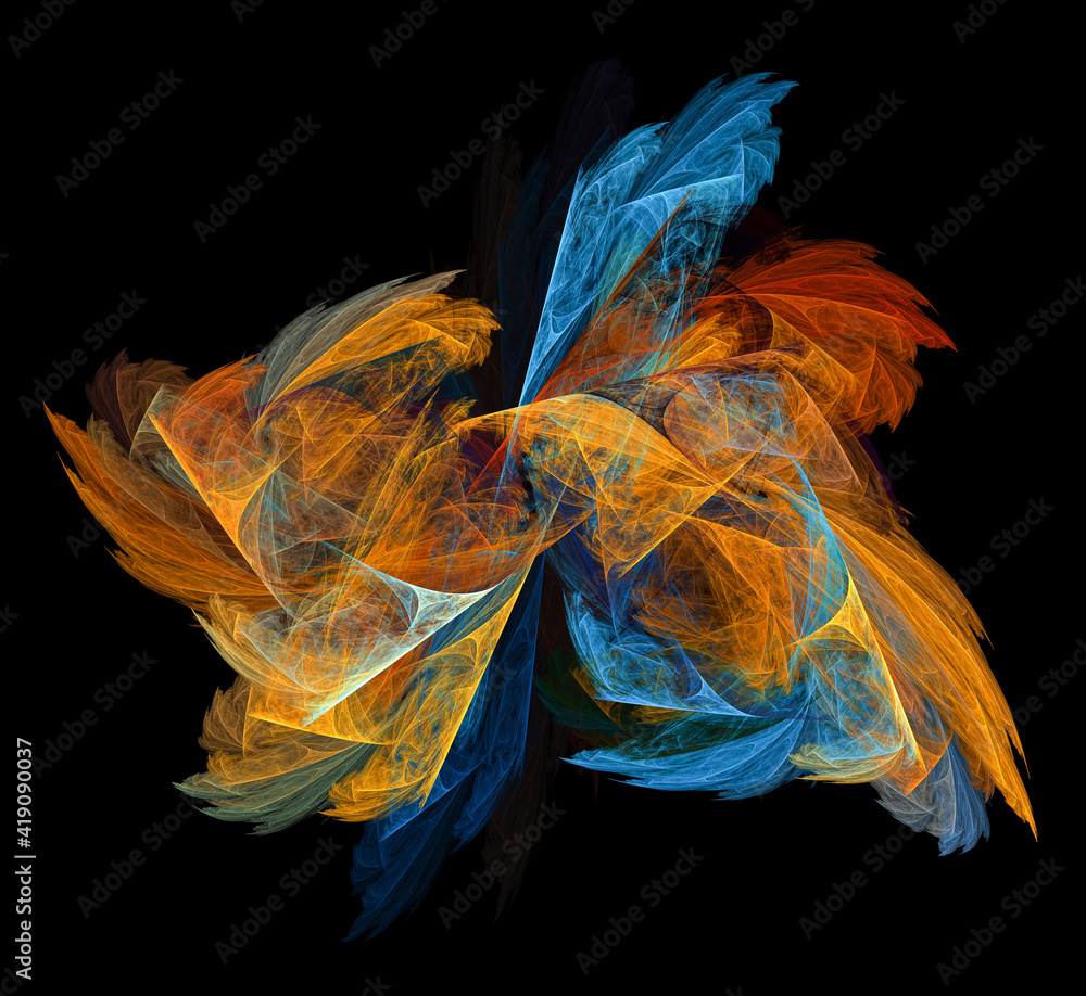 Wall mural Orange, yellow and blue blurred splashes fly in different directions on a black background. Abstract fractal background. 3D rendering. 3d illustration.