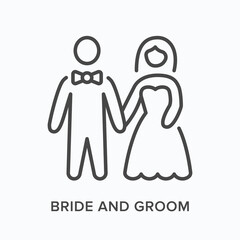 Bride and groom flat line icon. Vector outline illustration of just married. Black thin linear pictogram for wedding