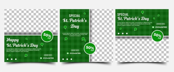 Social media post template for Saint Patrick's day. Stripe green background with clover decoration. Flat design vector with photo collage. Usable for social media, flyers, banners, and web internet ad