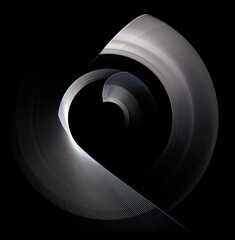 Abstract technical metal elements are arranged in layers in a spiral on a black background. Abstract fractal background for industry, technology, engineering. 3d rendering. 3d illustration.