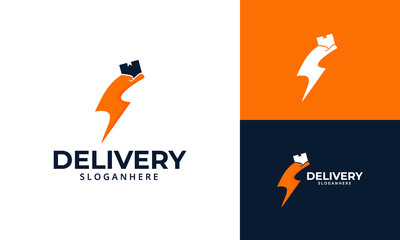Fast Delivery Logo designs Template. Illustration vector graphic of thunder with hand hold box logo design concept. Perfect for Delivery service, Delivery express logo design. 