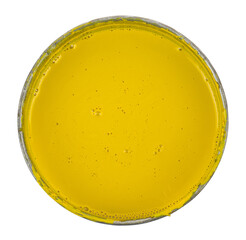 Metal can with yellow paint isolated on white background close-up.
