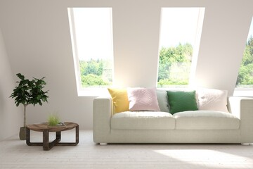 White living room with sofa and summer landscape in window. Scandinavian interior design. 3D illustration