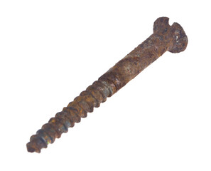 Rusty wood screw self-tapping screw isolated on white background close-up.