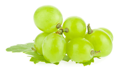 Juicy berries of green grapes isolated on white background close-up.