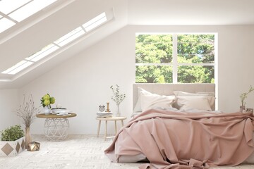 Stylish bedroom in white color with summer landscape in window. Scandinavian interior design. 3D illustration