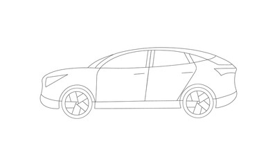 Line electric petrol or gasoline car model. A off-road suv for rent couple, family, race, taxi usage or race. Side view lineart.