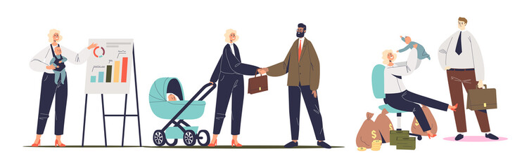 Set of successful businesswomen with kids on work: on meeting, during presentation and at workplace