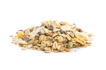 Beakfast cereals in bowl. Healthy muesli with oat flakes, nuts and raisins