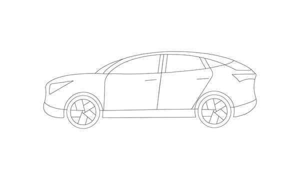 Line electric petrol or gasoline car model. A off-road suv for rent couple, family, race, taxi usage or race. Side view lineart.