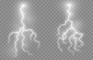 Vector lightning, lightning png set, thunderstorm, lighting. Natural phenomenon, light effect. PNG.