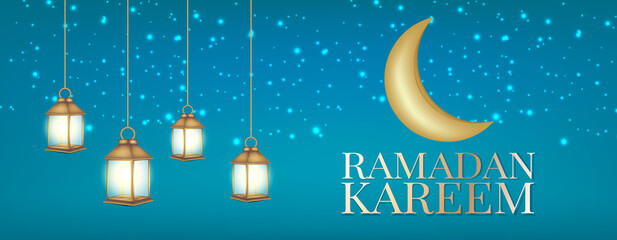 Obraz na płótnie Canvas Ramadan Kareem banner or header. Arabic religious holiday concept. Hanging golden lantern and moon over blue background. Vector illustration with lettering.