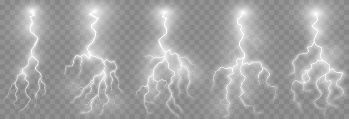 Vector lightning, lightning png set, thunderstorm, lighting. Natural phenomenon, light effect. PNG. - obrazy, fototapety, plakaty