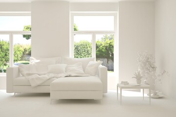 Mock up of stylish room in white color with sofa and green landscape in window. Scandinavian interior design. 3D illustration