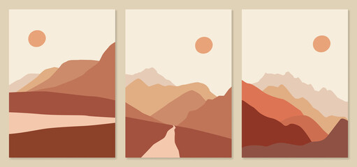 Abstract landscape illustrations. Mountains, sun, sunset, desert, hills minimalist design. Trendy mid century art, boho home decor, wall art.