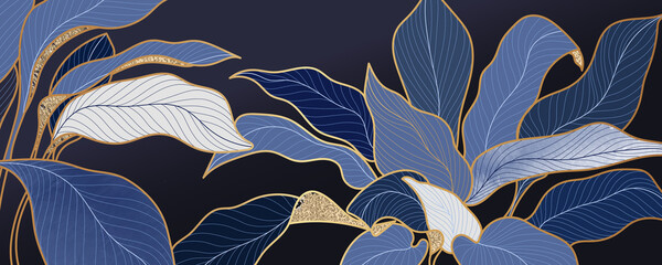 Luxury blue leaf background vector with golden metallic decorate wall art