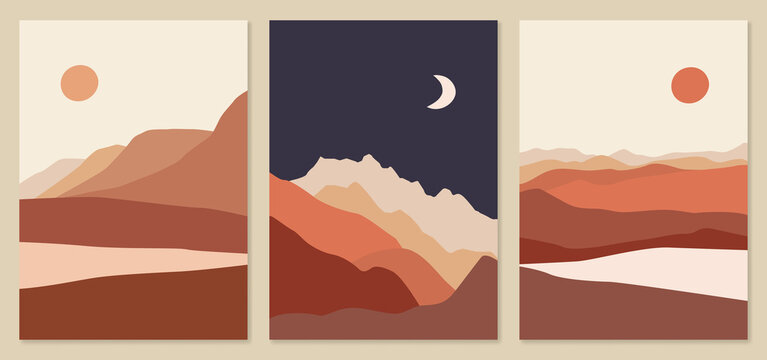 Abstract Landscape Illustrations. Mountains, Sun, Moon, Sunset, Desert, Hills Minimalist Design. Trendy Mid Century Art, Boho Home Decor, Wall Art.