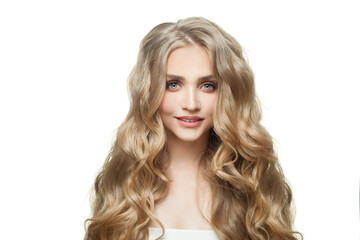 Cute woman model with healthy curly blonde hair and clear skin isolated on white background