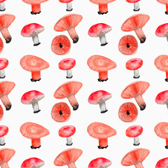 Seamless pattern with mushrooms.Russula and Lactarius sect.Deliciosimushrooms.Watercolor hand painted on white background.