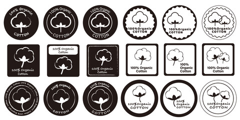 Cotton organic 100 icons, cotton flower logo for natural eco and bio vector stamps on textile fabrics and skincare cosmetics certificate. illustration Vector. オーガニックコットンアイコン、コットンアイコン、タグデザイン、テキスタイル表記