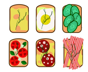 a set of sandwiches with different fillings. A flat set of sandwiches with different ingredients. Toasted slices of bread with sausage, fried egg, salami, vegetables and bacon