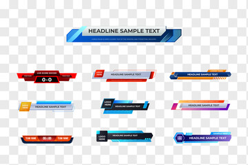 Lower third template. Set of TV banners and bars for news and sports channels, streaming and broadcasting. TV News Bars Set Vector. Breaking, Sport News. Media labels Tag For Television Broadcast.