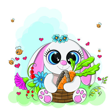 Clip art of a cute bunny with a basket in its paws. The vector animal has his favorite delicacy in the basket, which he is undoubtedly glad to see in his large, admiring eyes.