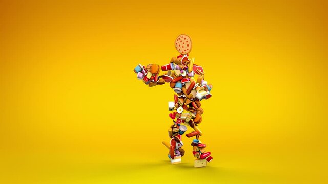 Dancing fast food dishes. Funny animation of unhealthy meals prepared in restaurants, motivation for those who lose weight, mocking and nonsensical scene on a light pastel background.