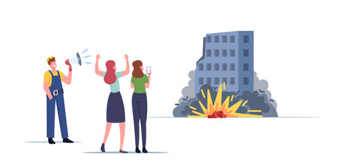 Worker Male Character in Uniform with Loudspeaker and Women with Smartphones Looking on TNT Explosion