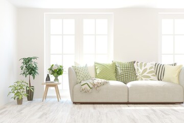 White living room with sofa. Scandinavian interior design. 3D illustration